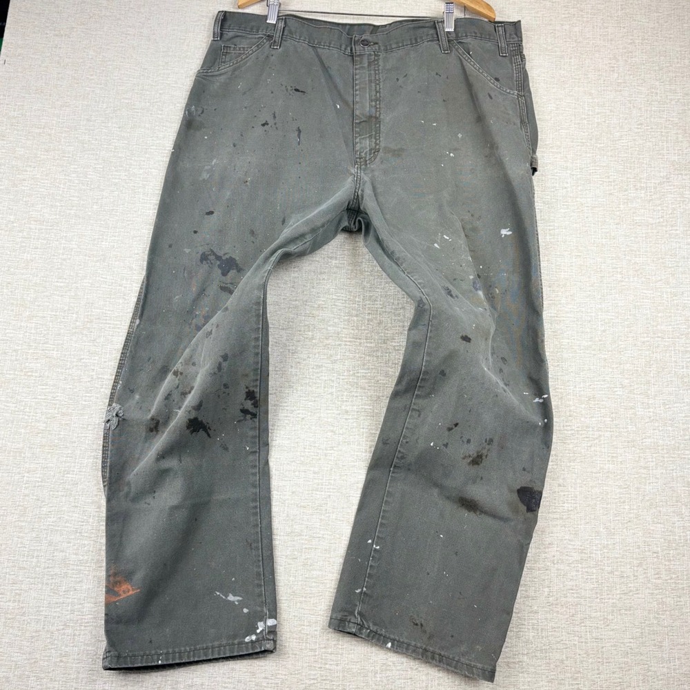 Dickies Relaxed Fit Carpenter Pants Mens 42x32 Olive Green Paint Splatter Y2K